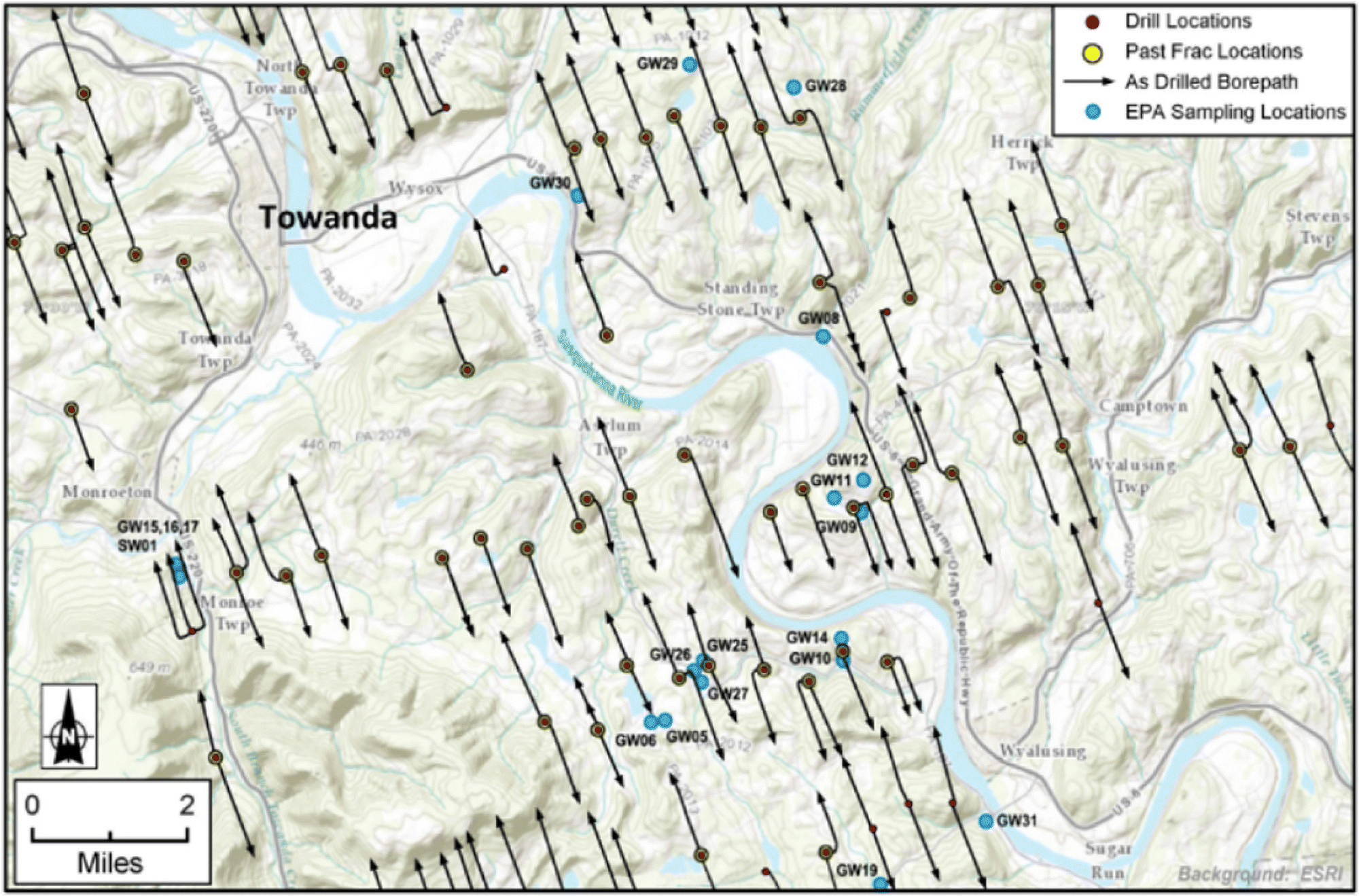 Map depicting north–northwest and south–southeast orientation of gas well laterals in Towanda area of Bradford County as of February 2012, with circles marking the drill, past frac, and EPA sampling locations.