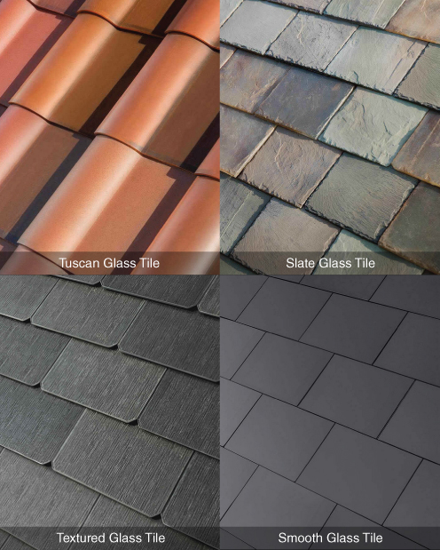 Pictures of 4 different kinds of Tesla solar roof tiles: Tuscan glass tile, slate glass tile, textured glass tile, and smooth glass tile.