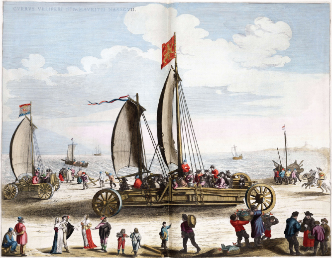Picture of a wind chariot or land yatch model constructed by Flemish mathematician Simon Stevin.