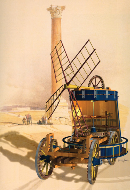 Picture of windmill-powered Battle Car that used wind power that relayed wind force through gears to the vehicle’s wheels.