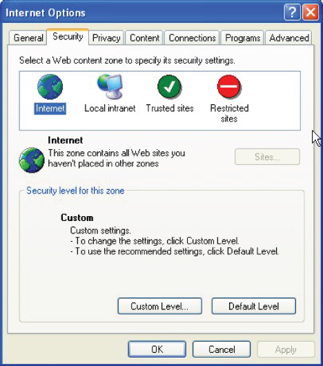 Screenshot illustration of the Microsoft IE Security tab in which browsers come with a preconfigured set of security levels.