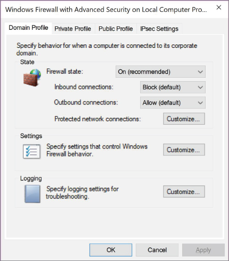 Screenshot illustration displaying Windows Firewall with Advanced Security on Local Computer Properties window.