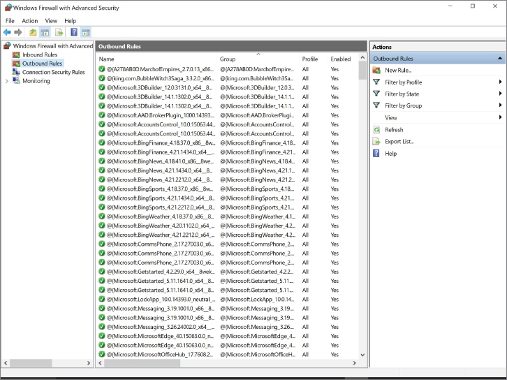 Screenshot illustration displaying Outbound Rules in Windows Firewall with Advanced Security.