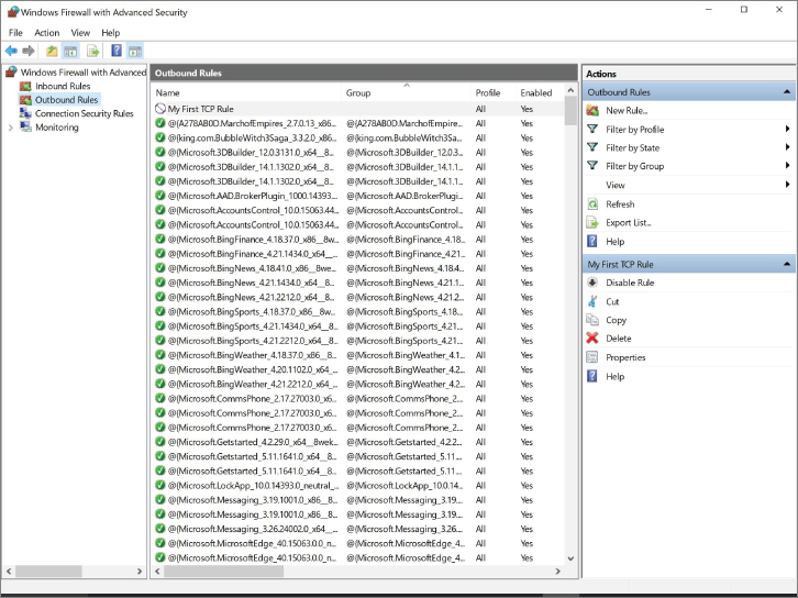 Screenshot illustration displaying Windows Firewall with Advanced Security New Outbound Rule.