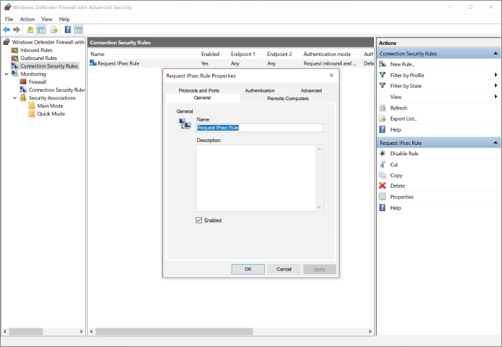 Screenshot illustration displaying the Windows Defender Firewall with Advanced Security window, to Request IPsec Rule Properties.