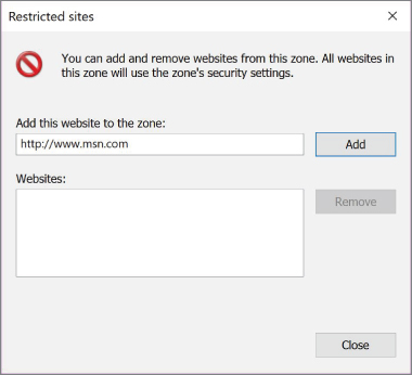 Screenshot illustration of the Restricted Sites window, where one can add or remove websites.  All websites in this zone use the zone's security settings.