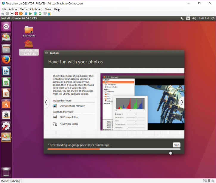 Screenshot illustration to install Ubuntu Linux 16.04.3 LTS Running as a virtual machine and install a handy photo manager.