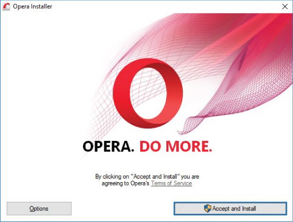 Screenshot illustration of a page displaying Opera Installer instructing to click Accept and Install the Opera software and to allow the software to make changes if necessary.