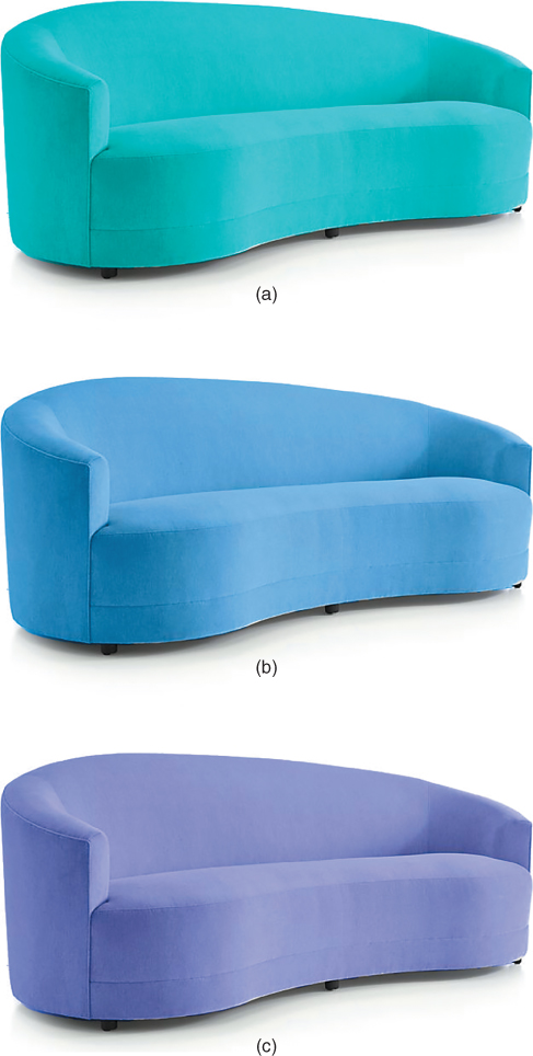 3 Photos of different shades of sofa depicting SS-1 (top), D65 (middle), and SS-2 (bottom).