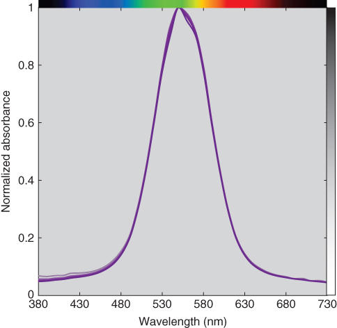 Graph of the normalized spectral absorbance of polystyrene plastic at varying thickness represented by inverted V-shaped curves.