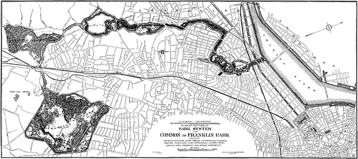 Illustration of the “Emerald Necklace” plan for the Boston Park system. It consists of a chain of parks represented by shaded areas which appear to hang from the neck of the Boston Peninsula.