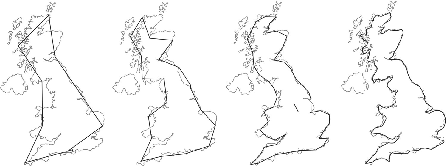 Maps of Great Britain displaying the measurements of the coastline using four different ruler lengths, varying from 400 km, 200 km, 100 km, and 50 km, from left to right.