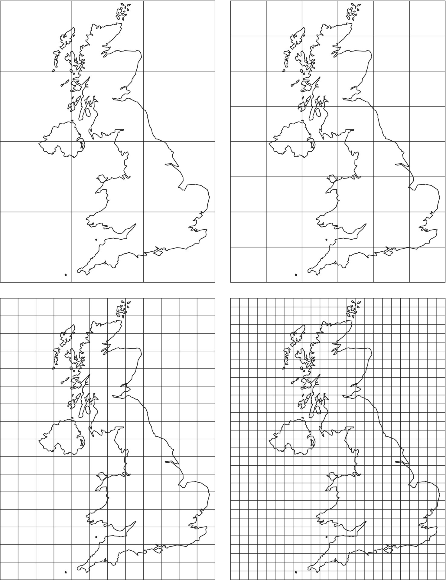 Map of Great Britain in a 4 by 3 (top left), 8 by 6 (top right), 16 by 12 (bottom left), and 32 by 24 (bottom right) grid.
