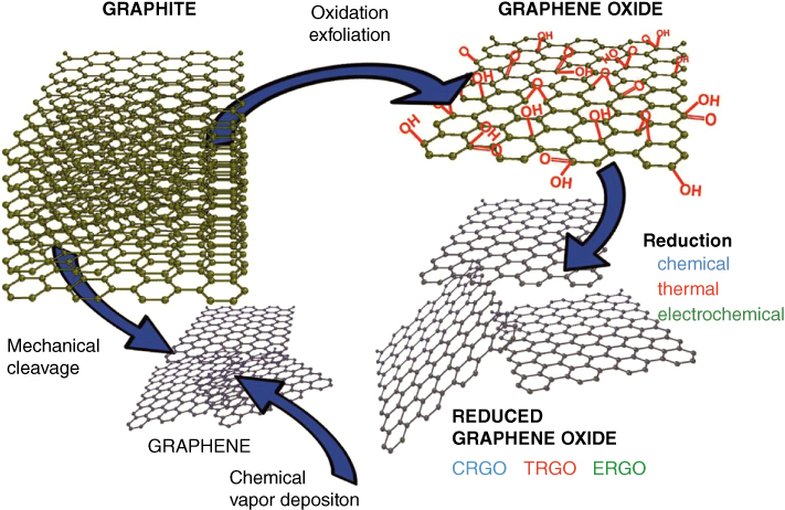 Graphite thru oxidation exfoliation producing graphene oxide, then thru reduction producing reduced graphene oxide. Graphite thru mechanical cleavage produces graphene, with chemical vapor deposition.