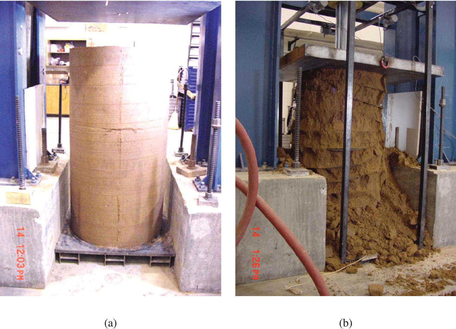 Photos displaying soil–geosynthetic composite cylindrical specimen in unconfined compression test (a) before loading and (b) at failure.