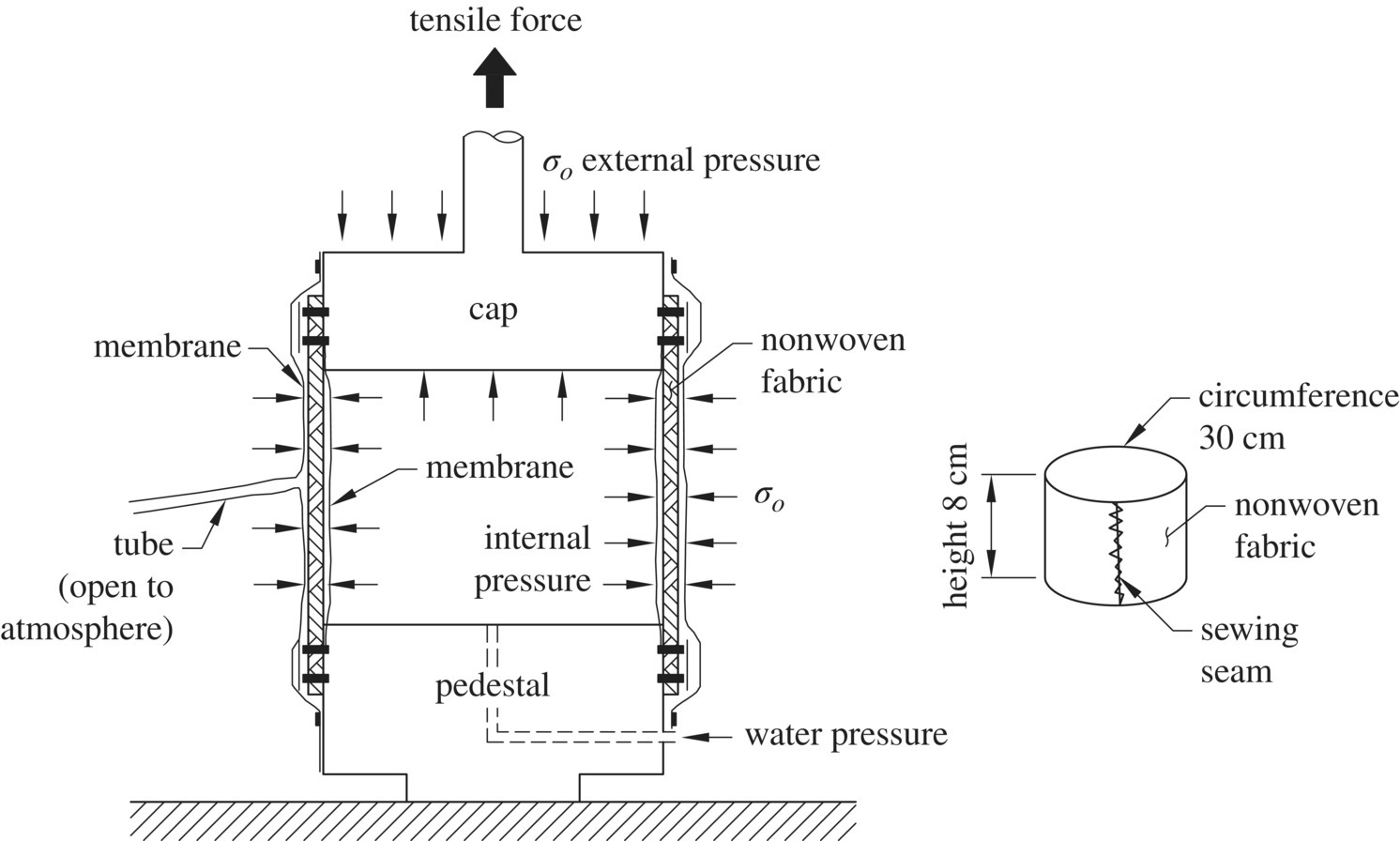 Schematic of the setup of a geosynthetic specimen of an infinite aspect ratio in the uniaxial load– deformation testing of geotextiles (left) and a cylindrical shape labeled nonwoven fabric (right).