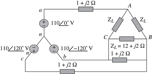 Circuit diagram shows wye-connected 110 volt voltage sources with neutral point n and terminals a, b, and c connected to delta-connected impedance loads Z sub(L) with terminal A, B, and C through three impedance loads of 1 plus j2 ohm.