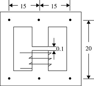 Diagram shows magnetic circuit formed with two rectangular frames of length 15 centimers and height 20 centimeters. It has air gap of length of 0.1 centimeters between rectangular frames at center.