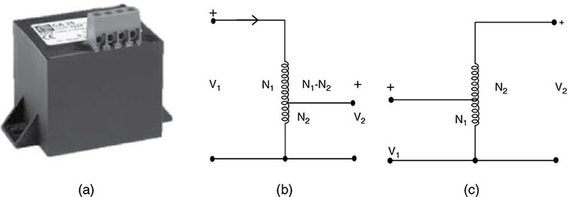 Diagram shows step-down and step-up models of autotransformer in which single winding used as both primary and secondary. Secondary voltage is taken across more windings in step-up and less windings in step-down.