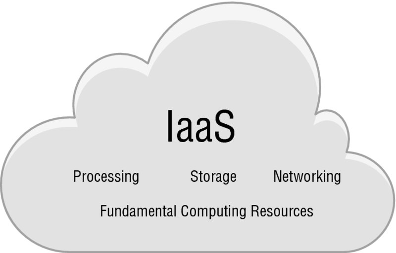 Diagram shows cloud with markings for IaaS, processing, storage, networking, and fundamental computing resources.