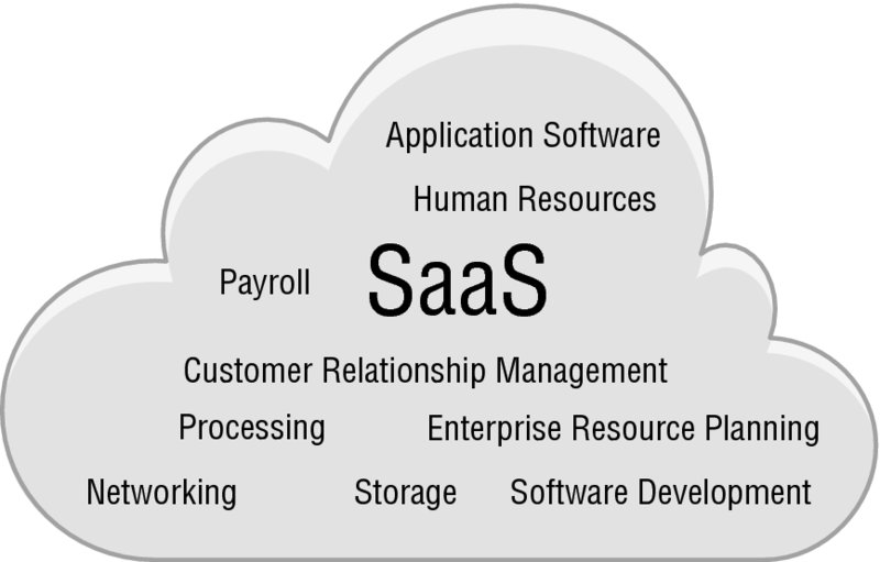 Diagram shows cloud with markings for SaaS, application software, human resources, payroll, customer relationship management, processing, enterprise resource planning, networking, storage, and software development.