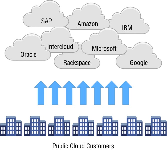 Diagram shows set of buildings on bottom labeled public cloud customers leads to clouds on top labeled SAP, Amazon, IBM, Intercloud, Microsoft, Oracle, Rackspace, and Google.