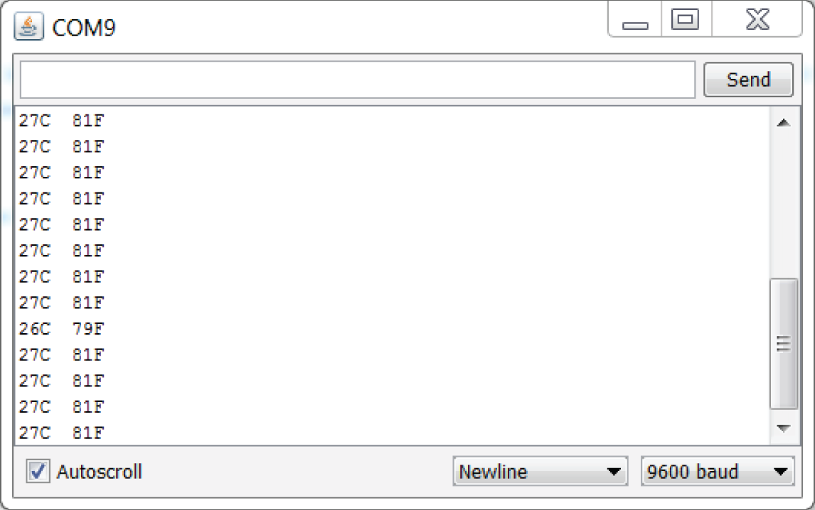 Screenshot depicting the I2C temperature sensor serial output.