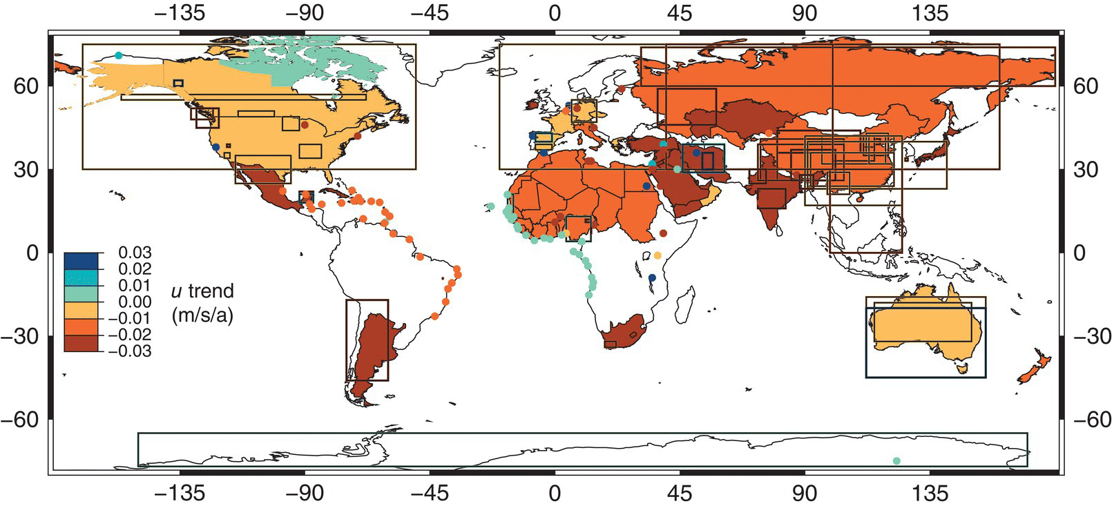 Shaded world map illustrating the trends in observed surface wind speeds (in m/s per annum) with discrete shaded areas corresponding to the scale bar of u trend (m/s/a) on the right.