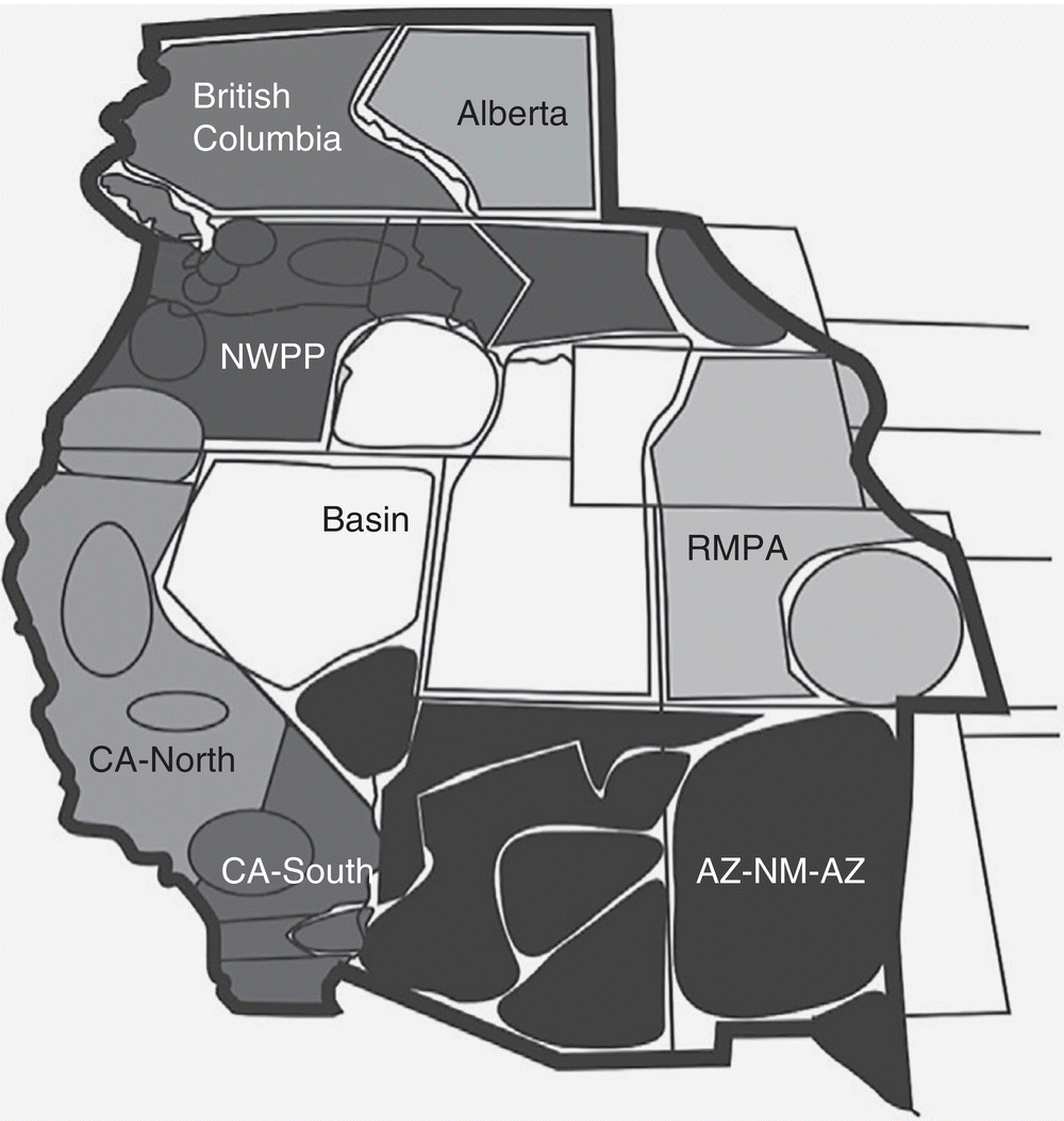 Map of US Western Interconnection with shaded areas displaying zones labeled British Columbia, Alberta, NWPP, CA- North, CA-South, AZ-NM-AZ, and RMPA. The unshaded area is labeled basin.