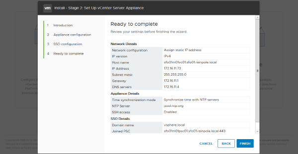 Install–Stage 2: Set Up vCenter Server Appliance dialog box displaying Ready to complete with sections for Network details, Appliance details, and SSO details (top–bottom), with Finish button selected.