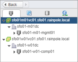 Dialog box for vSphere Client displaying a button on top labeled Back with a leftward arrowhead. Highlighted below is a bar with a dropdown arrow labeled sfo01m01vc01.sfo01.rainpole.local.