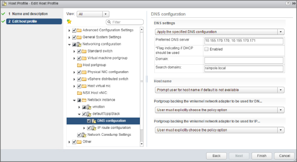 Host Profile–Edit Host Profile with Edit host profile highlighted on the left and DNS configuration selected in the middle area. On the right is DNS configuration with sections for DNS settings, Host name, etc.