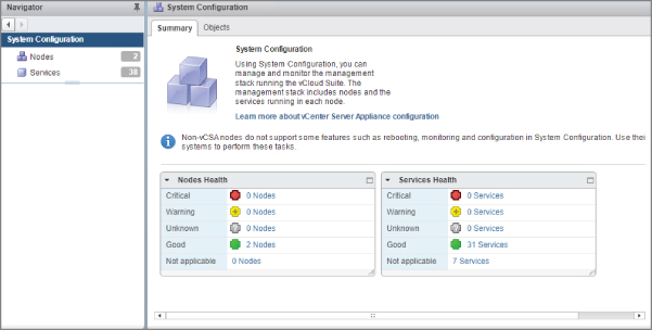 A window for Navigator selecting System Configuration, with another window on the right for System Configuration with Summary tab highlighted displaying 2 tables below for Nodes Health and Services Health.