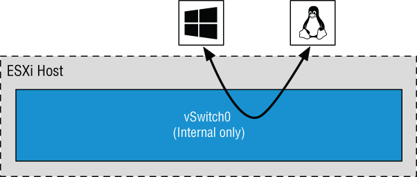 Schematic depicting a solid rectangle labeled vSwitch0 (Internal only) bounded by a dashed rectangle labeled ESXi Host with double-headed curve arrow pointing upward to a window icon and penguin icon.