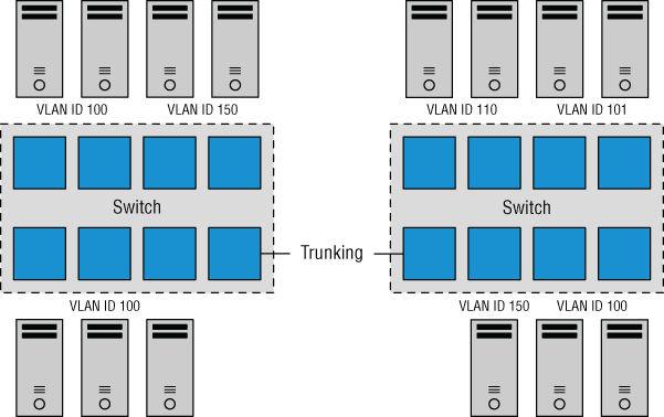 Schematic with 2 boxes at the left and right labeled Switch linked by a line labeled Trunking. The outer top and bottom of left Switch are labeled VLAN ID 100 and VLAN ID 150 and left Switch are VLAN ID 110, VLAN ID 101, etc.