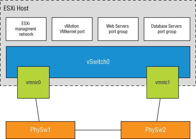 Schematic with a box labeled vSwitch0 linked to boxes labeled vmnic0 and vmnic1. Boxes vmnic0 and vmnic1 are linked to PhySw1 and PhySw2, respectively, and PhySw1 and PhySw2 are connected with ESXi Host is indicated.