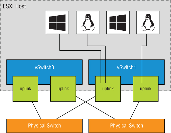Schematic with boxes labeled vSwitch0 and vSwitch1 linked to boxes labeled uplink and Physical Switch. The uplink box for vSwitch1 is linked to Windows icon and 2 penguin icons.