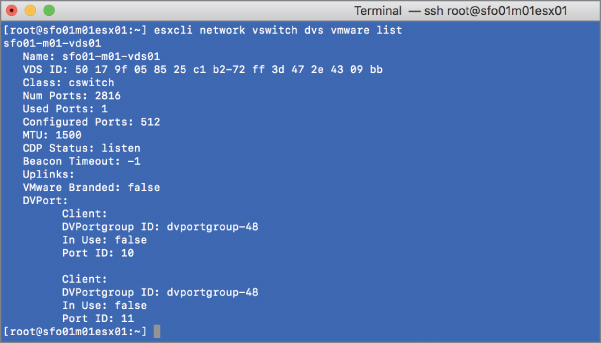 esxcli command displaying codes [root@sfo01m01es01:~] esxcli network vswitch dvs vmware list, sfo01-m01-vds01, Name: sfo01-m01-vds01, VDS ID: 50 17 9f 05 85 25 c1 b2-72 ff 3d 47 2e 43 09 bb, Class: cswitch, etc.