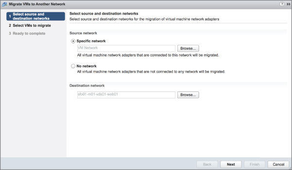 Migrate VMs to Another Network dialog box with a selected option labeled 1 Select source and destination networks at the left pane and at the right pane having a marked radio button labeled Specific network.