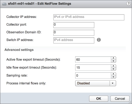 Edit NetFlow Settings dialog box displaying data entry fields labeled IPv4 or IPv6 address for Collector IP address, 0 for Collector port, 0 for Observation Domain ID, IPv4 address for Switch IP address, etc.