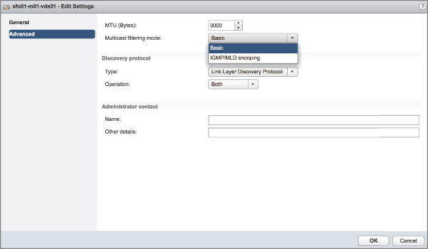 Edit Settings dialog box with a selected option labeled Advanced at the left pane and at the right pane having drop-down list bars displaying 2 options labeled Basic and IGMP/MLD snooping for Multicast filtering mode.