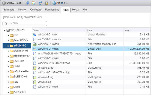 vSphere Web Client window with the selected Files tab displaying a single VMDK file.