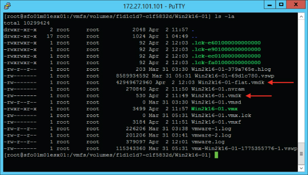 172.27.101.101 – PuTTY window displaying two different VMDK files: the VMDK descriptor (the smaller of the two) and the VMDK flat file (the larger of the two and the one that has –flat in the filename).