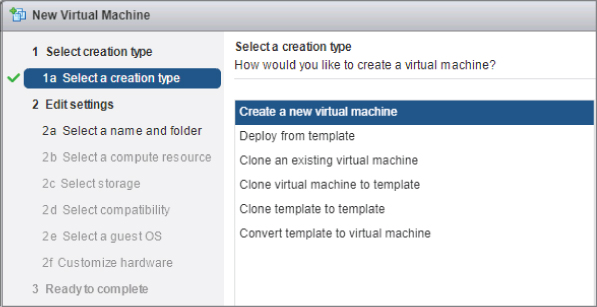 New Virtual Machine Wizard displaying the selected 1a Select a creation type option on the left and the highlighted Create a new virtual machine option on the right.