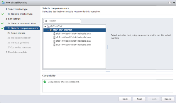 New Virtual Machine Wizard displaying the selected 2b Select a compute resource option on the left and the highlighted sfo01-m01-mgmt01 option on the right.