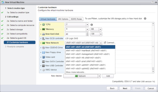 New Virtual Machine Wizard displaying the selected 2f Customize hardware option on the left and the selected Virtual Hardware tab with 10 adapters in the New Network drop-list on the right.