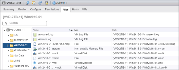 Window with selected Files tab displaying the selected folder Win2k16-01 and 2 virtual hard disks: Win2k16-01.vmdk and Win2k16-01_1.vmdk.