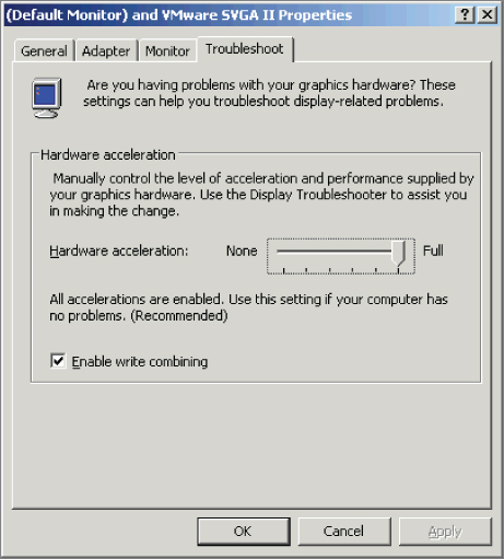 (Default Monitor) and VMware SVGA II Properties dialog box displaying the selected Troubleshoot tab with Hardware acceleration slider moved to the Full setting on the right.