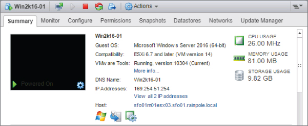 Window displaying Summary tab with video thumbnail on the left and status of VMware Tools as well as other information such as Guest OS, Compatibility, DNS (host) name, IP address, and current ESXi host on the right.