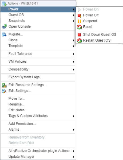 Context menu displaying the selected Power option with submenu with 6 commands: Power On, Power Off, Suspend, Reset, Shut Down Guest OS, and Restart Guest OS.